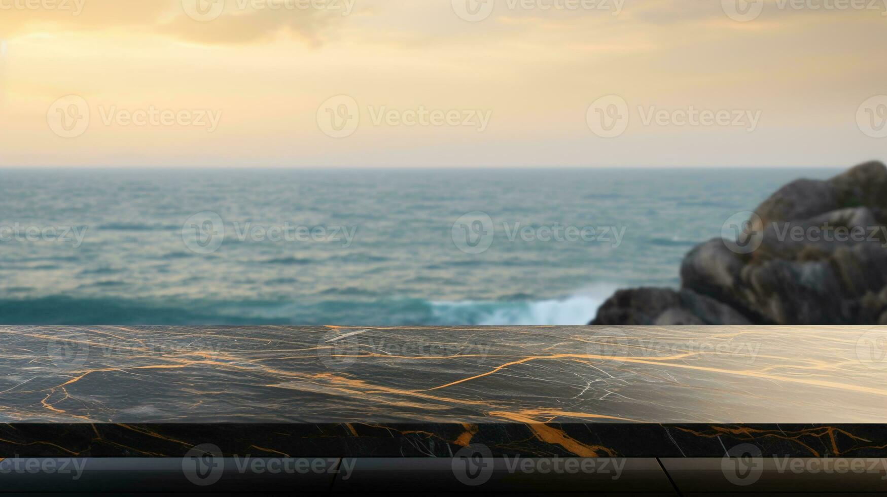 Close-Up of a Black and Gold Marble Table with an Ocean Blurry Background, Ideal for Product Placement Concepts in Elegant Interior Design with a Relaxing Ocean View, Ai generative photo