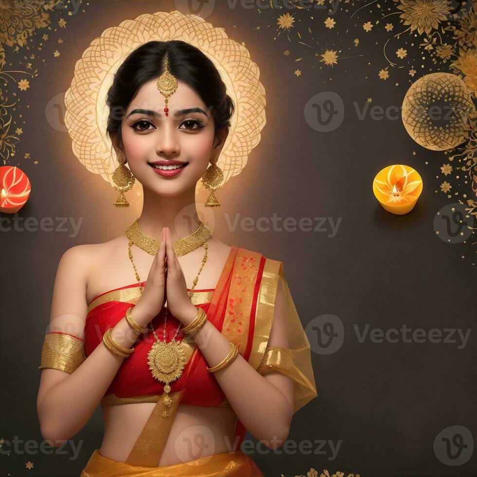 hermosa indio mujer Bienvenido en sari con diwali celebracion por ai generado foto