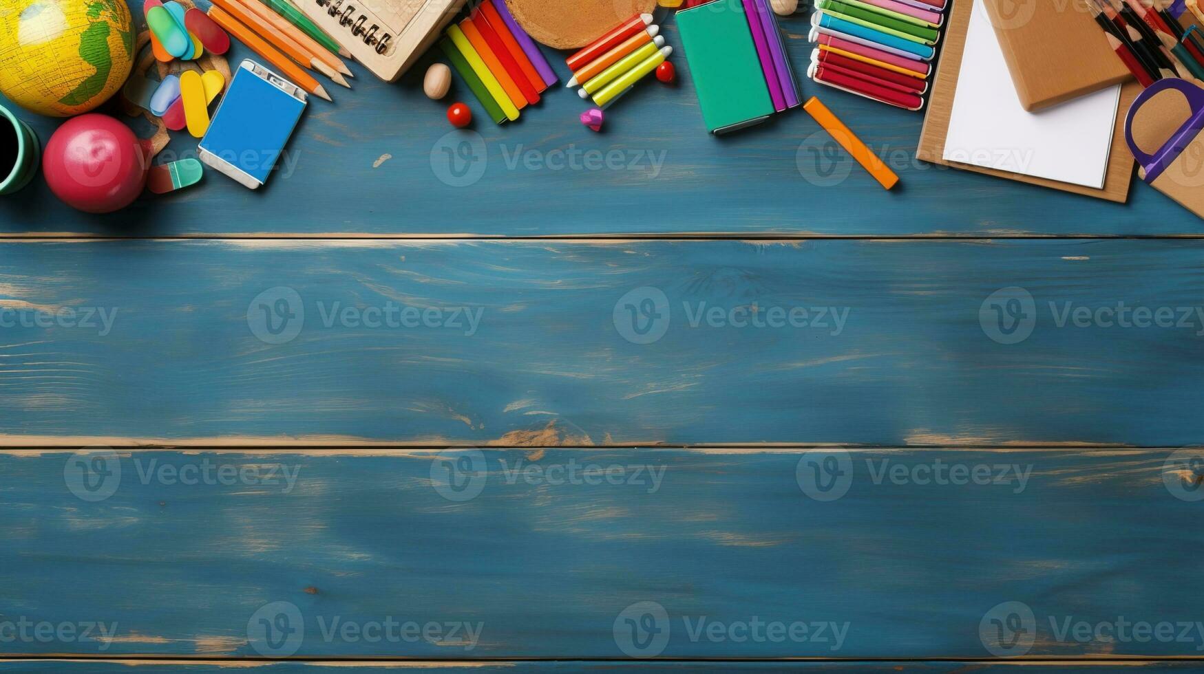 Top View of School Equipment Arranged in a Frame on a Wooden Background, A Back-to-School Concept Featuring Educational Supplies and the Teacher-Student Presentation Concept, Ai generative photo