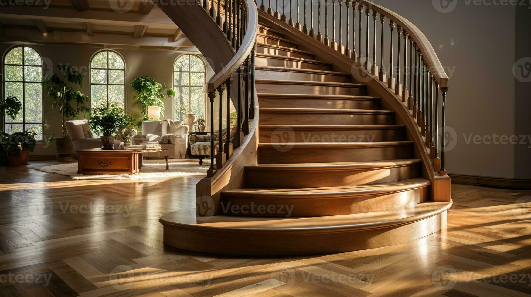 Close-Up of Vintage Wooden Stair Winders Bathed in Warm Afternoon Light, A Nostalgic Glimpse into Architectural Heritage, Evoking Vintage House and Building Concepts, Ai generative photo