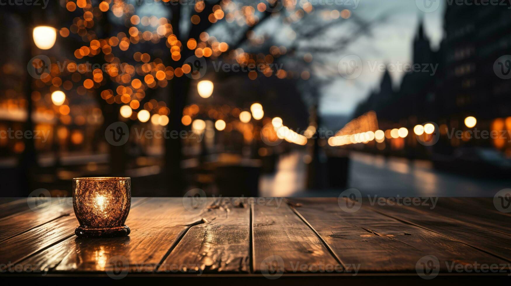 Close-Up of a Light Brown Wooden Table with a Christmas Tree in a Blurry Winter Night Background, Ideal for Product Placement in the Festive Holiday Season, Ai generative photo