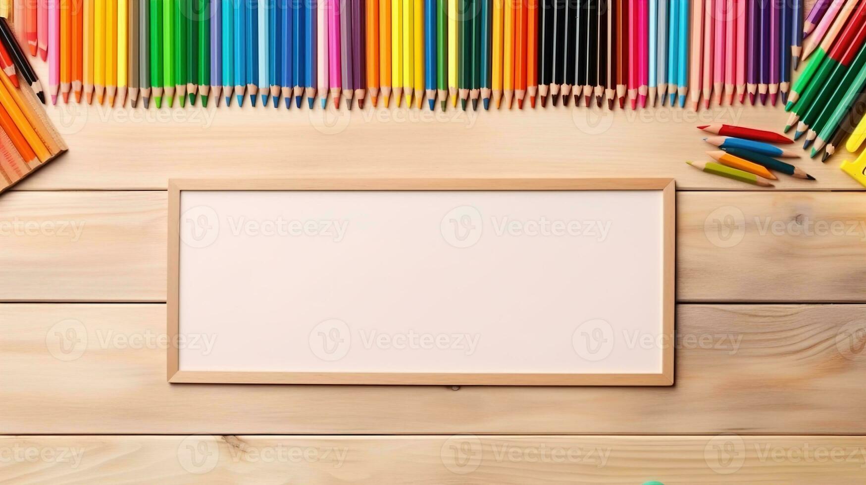 Top View of School Equipment Arranged in a Frame on a Wooden Background, A Back-to-School Concept Featuring Educational Supplies and the Teacher-Student Presentation Concept, Ai generative photo