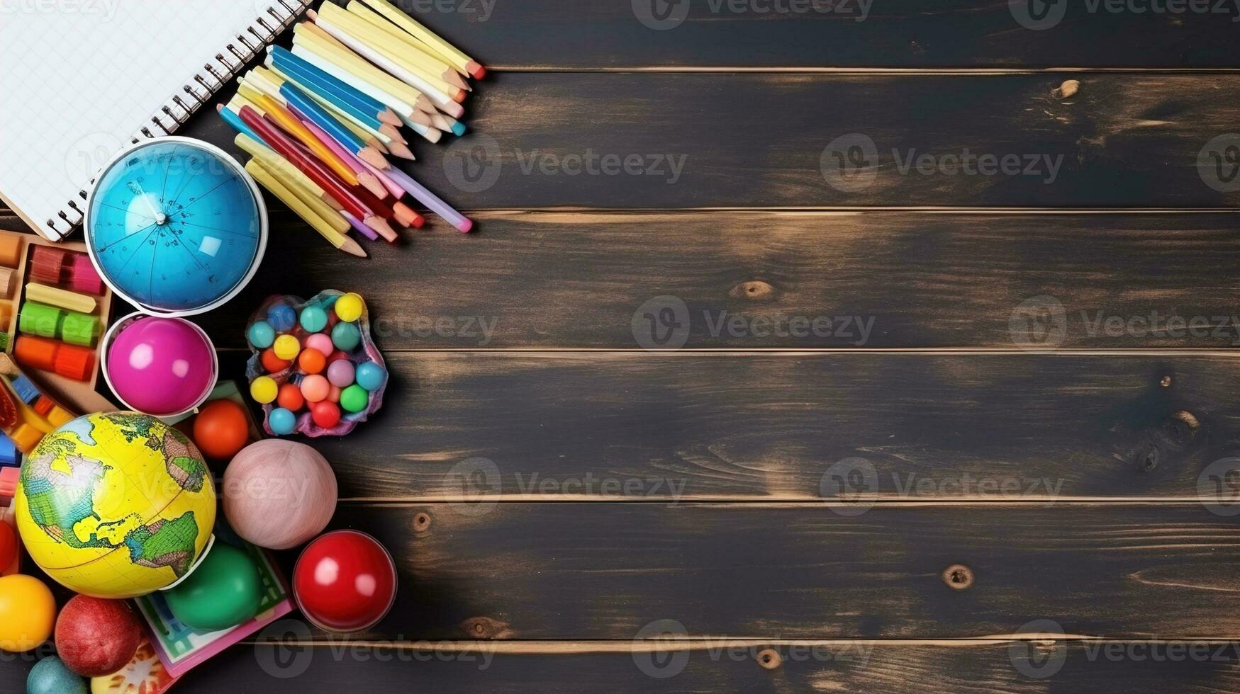 Top View of School Equipment Arranged in a Frame on a Wooden Background, A Back-to-School Concept Featuring Educational Supplies and the Teacher-Student Presentation Concept, Ai generative photo