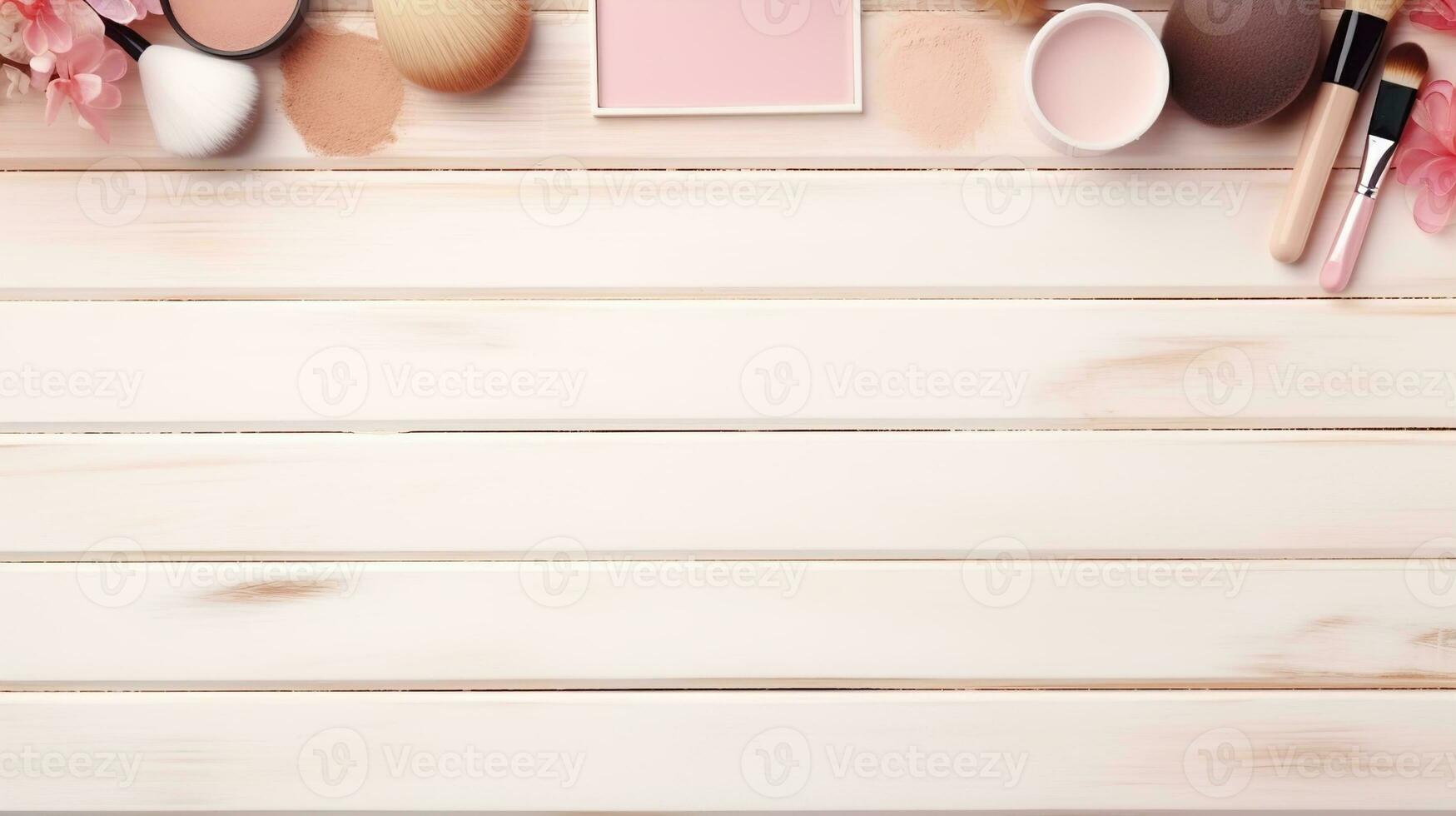 Elegance in a Frame, Beauty, Cosmetics, and Women's Equipment on a Light Wooden Background - Shopping and Discount Sale Concept with Text Space, Ai generative photo
