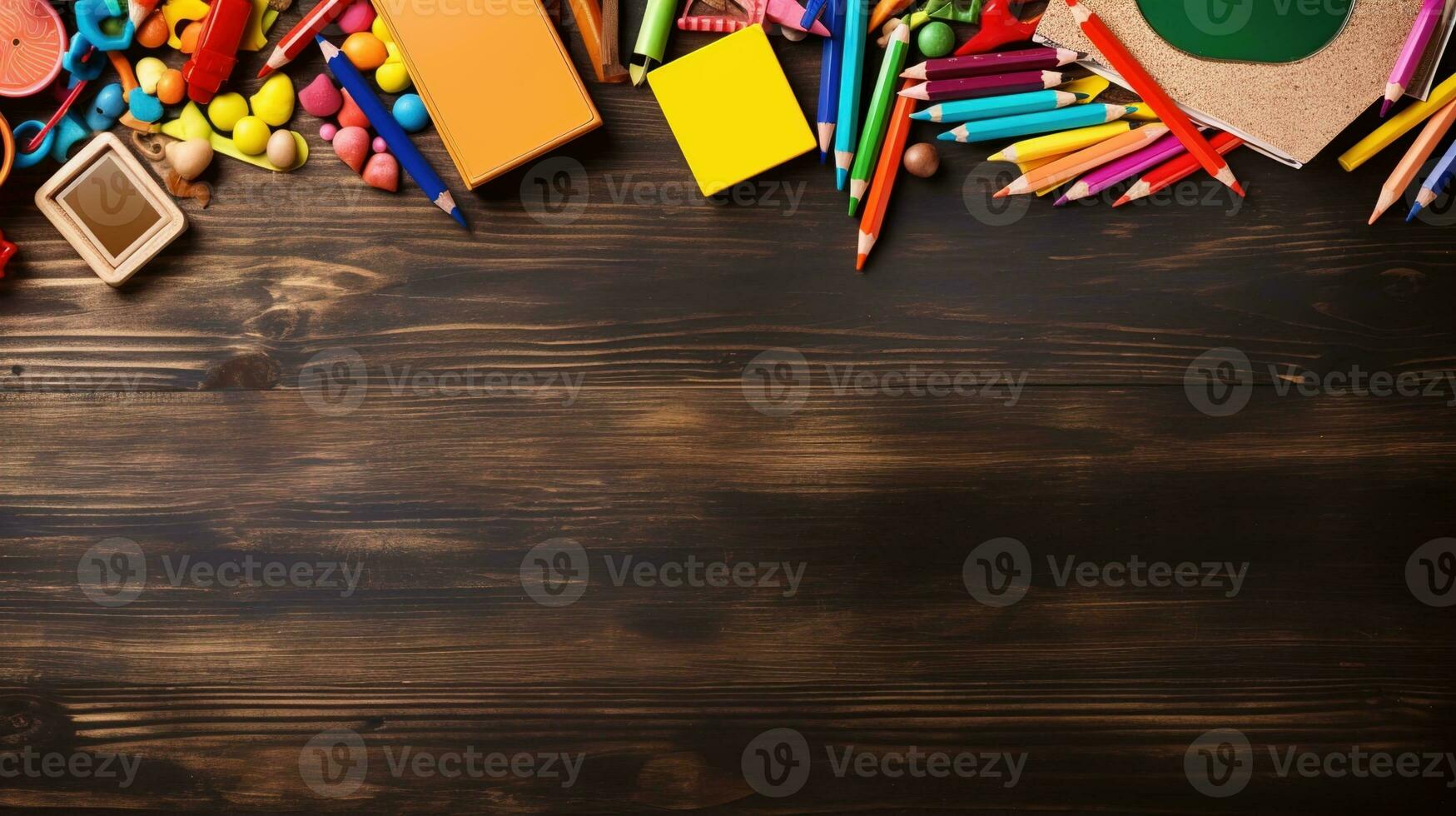 Top View of School Equipment Arranged in a Frame on a Wooden Background, A Back-to-School Concept Featuring Educational Supplies and the Teacher-Student Presentation Concept, Ai generative photo