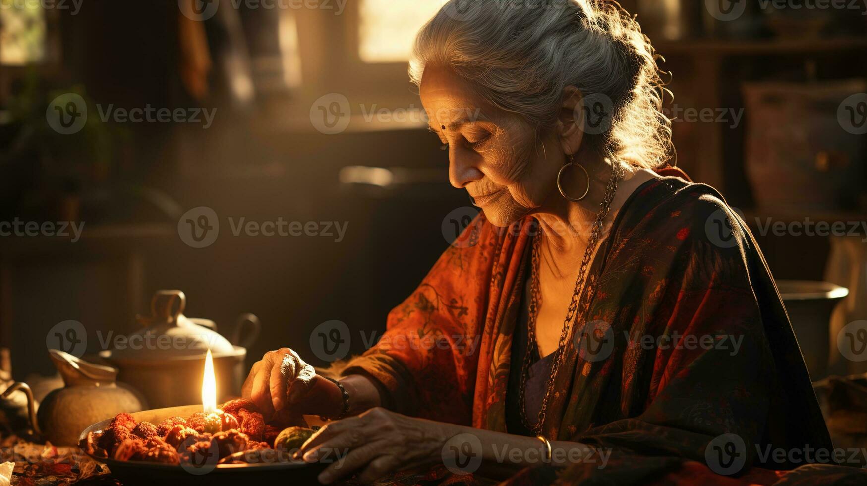 moderno tradicional patrimonio artesanía, de cerca de mayor indio mujer tejido de punto tradicional tela en tarde ligero - abrazando Arte y cultural herencia, ai generativo foto