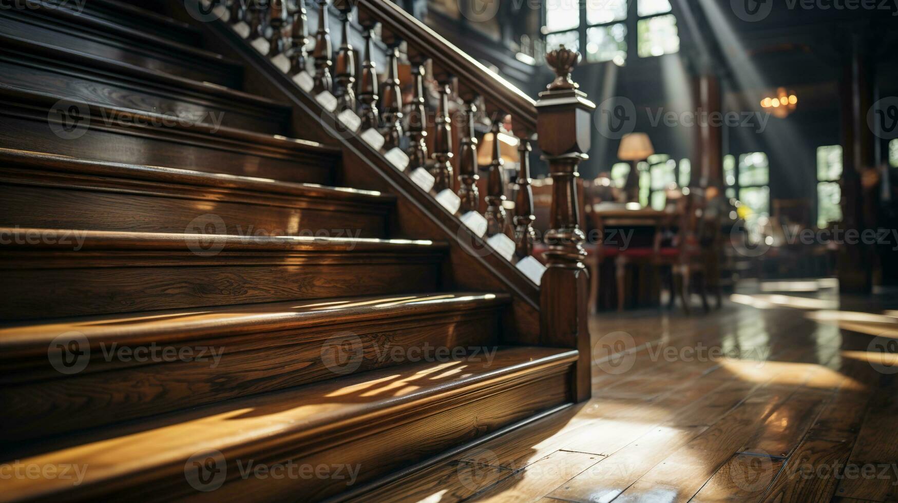 Close-Up of Vintage Wooden Stair Winders Bathed in Warm Afternoon Light, A Nostalgic Glimpse into Architectural Heritage, Evoking Vintage House and Building Concepts, Ai generative photo