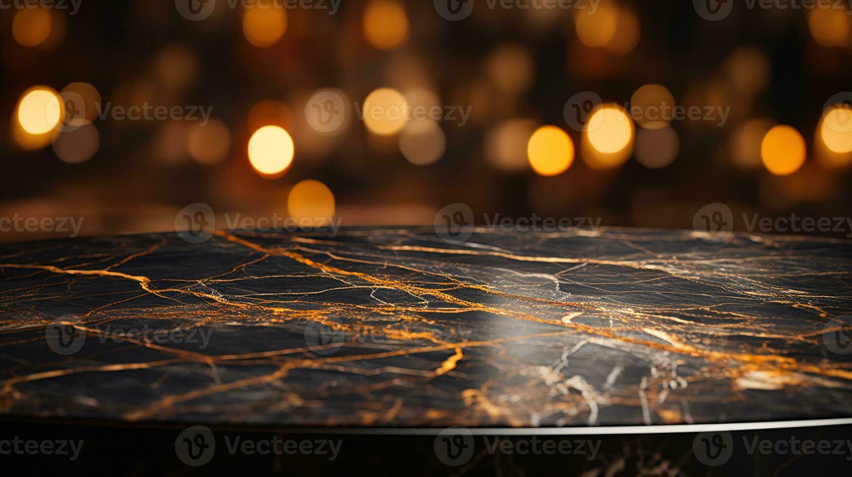 Close-Up of a Black and Gold Marble Table with Bokeh Light Blurry Background, An Elegant and Opulent Addition to Premium Interior Design, Product Placement Concept, Ai generative photo