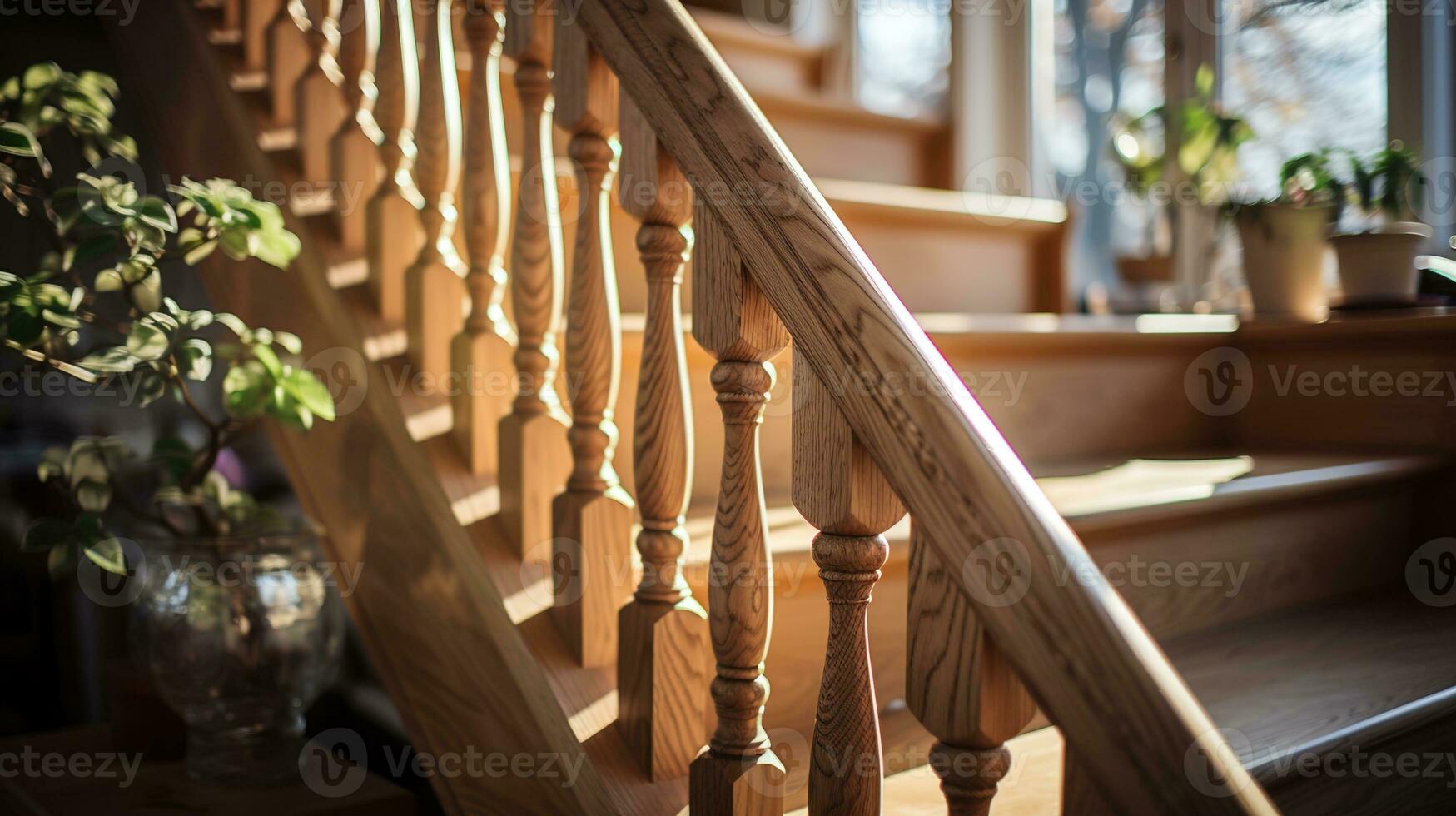 de cerca de Clásico de madera escalera bobinadoras bañado en calentar tarde luz, un nostálgico vislumbrar dentro arquitectónico herencia, evocando Clásico casa y edificio conceptos, ai generativo foto