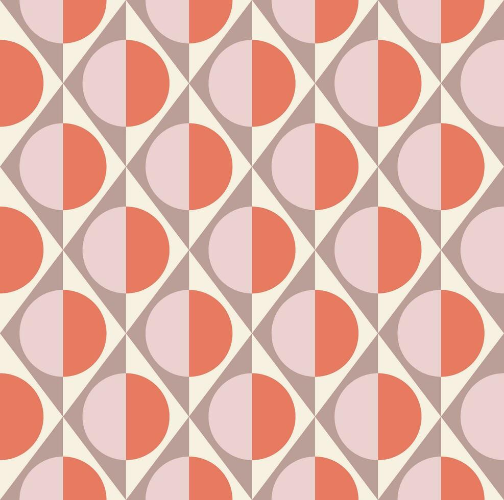 Simple geometric seamless pattern of rhombuses, triangles and circles in taupe, pale pink, cream and coral colors. Vector illustration for fashion design, wallpaper, textile, fabric, wrapping paper.