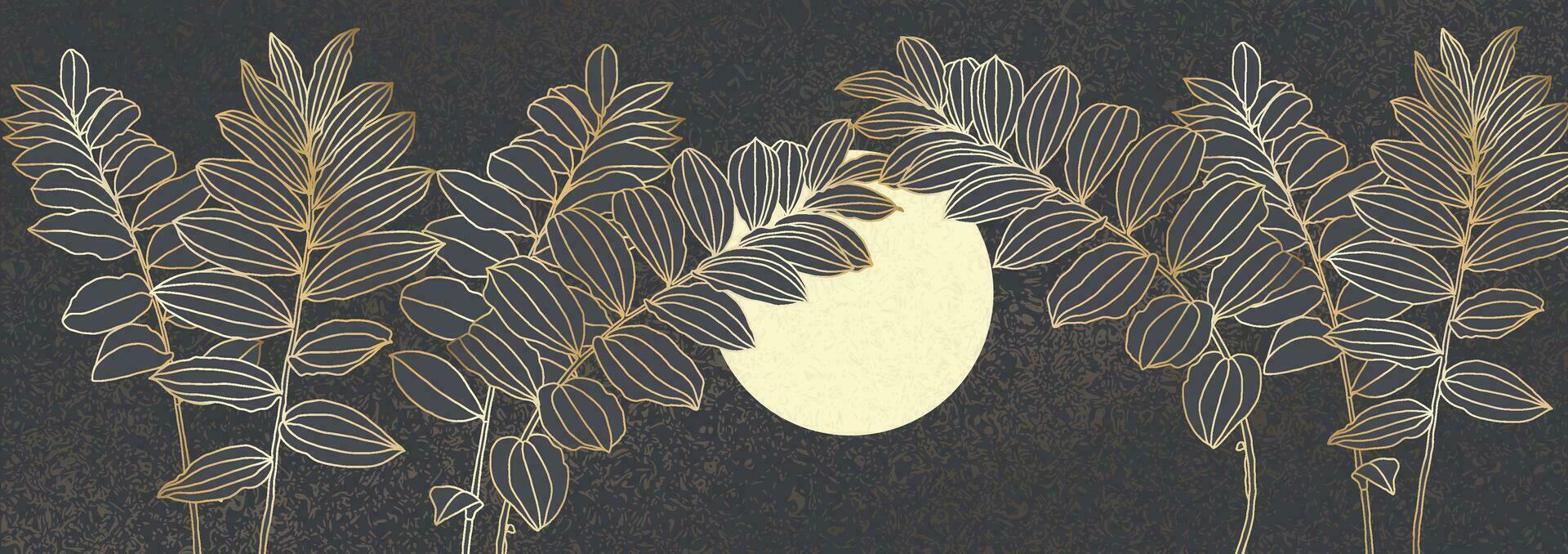 Digital vector illustration - silhouettes leaves with golden outline and light yellow circle on dark grey. Luxurious art deco wallpaper design for print, poster, cover, banner, fabric, invitation.