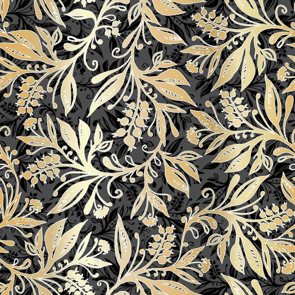 Floral seamless pattern with leaves and berries in black, white and gray. Hand drawing. Background for title, blog, decoration. Design for wallpapers, textiles, fabrics. vector