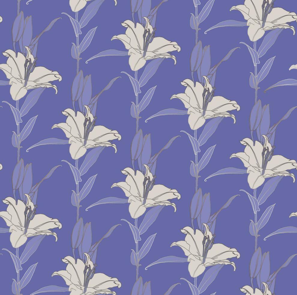 Floral seamless pattern of ily flowers in white and lilac color with bronze outline. Decorative print for wallpaper, wrapping, textile, fashion fabric or other printable covers. vector