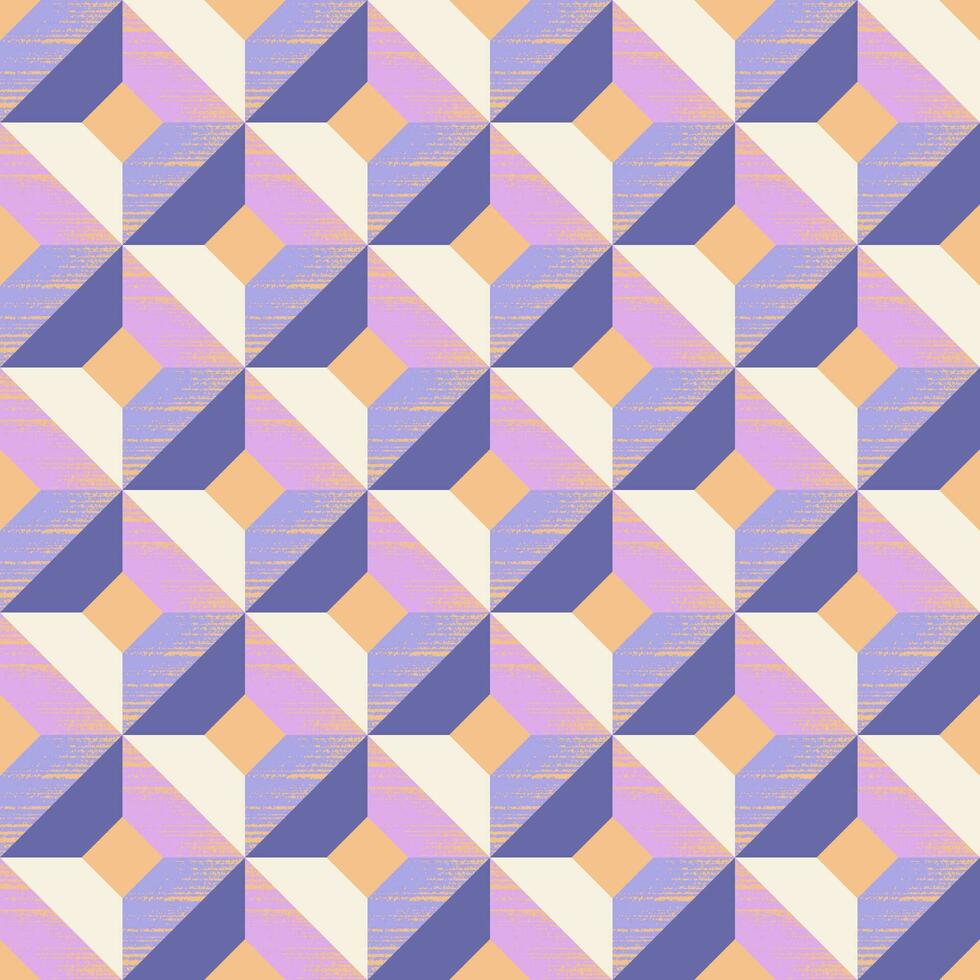 Geometric seamless pattern of squares and rhombuses in blue grey, blue purple, mauve, cream and apricot colors. Design for wallpaper, wrapping products, textiles, fabrics. vector