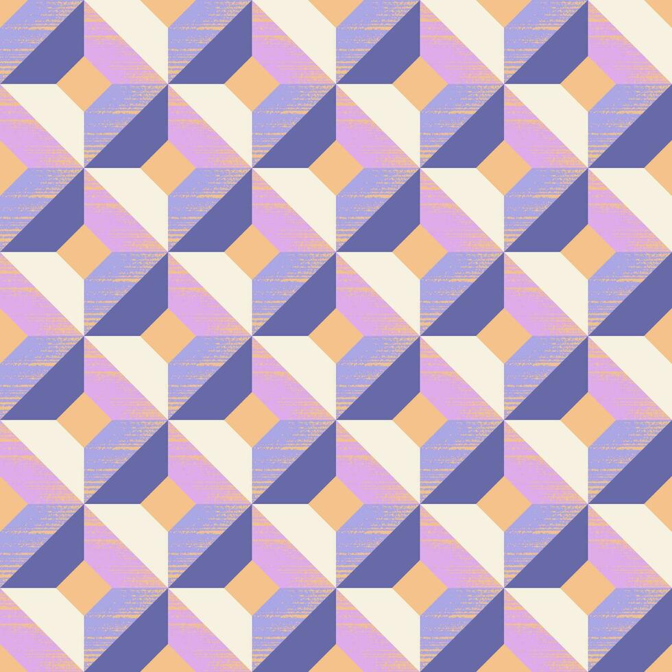 Geometric seamless pattern of squares and rhombuses in blue grey, blue purple, mauve, cream and apricot colors. Design for wallpaper, wrapping products, textiles, fabrics. vector