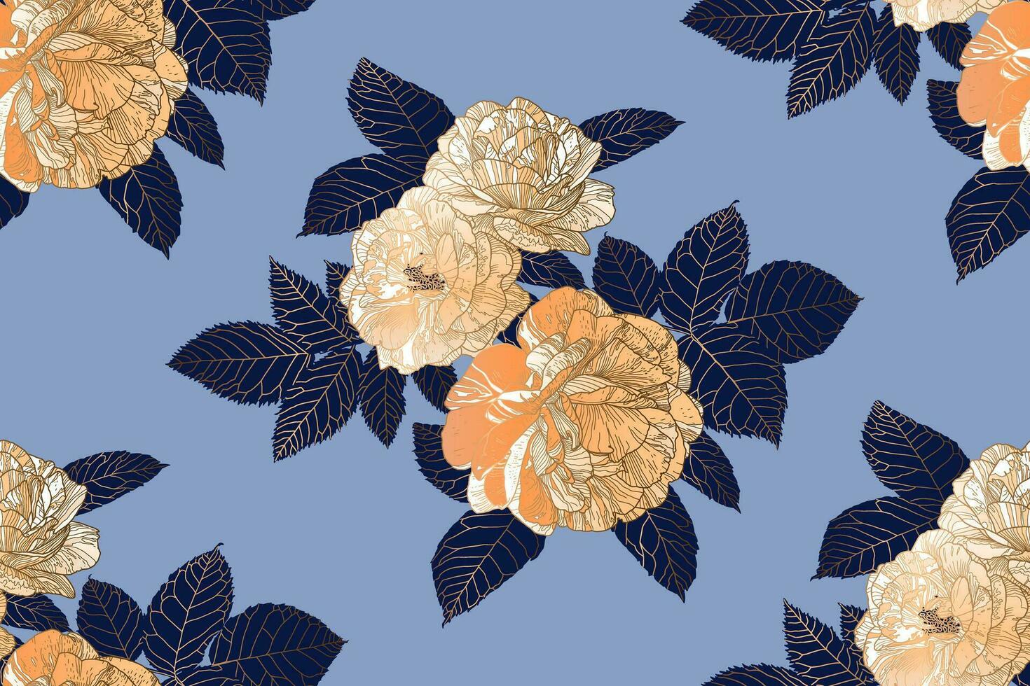 Floral seamless pattern of roses and leaves in creame, sandy brown and dark blue colors with bronze metallic outline on light blue. Wallpaper design for textiles, prints, backgrounds, beauty products. vector