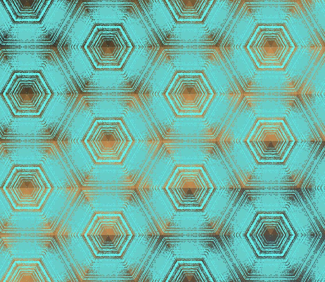 Hexagon pattern, abstract cyan, teal and bronze textured kaleidoscope ornament. Symmetric geometric design for digital paper, textile printing, wallpaper, background. vector
