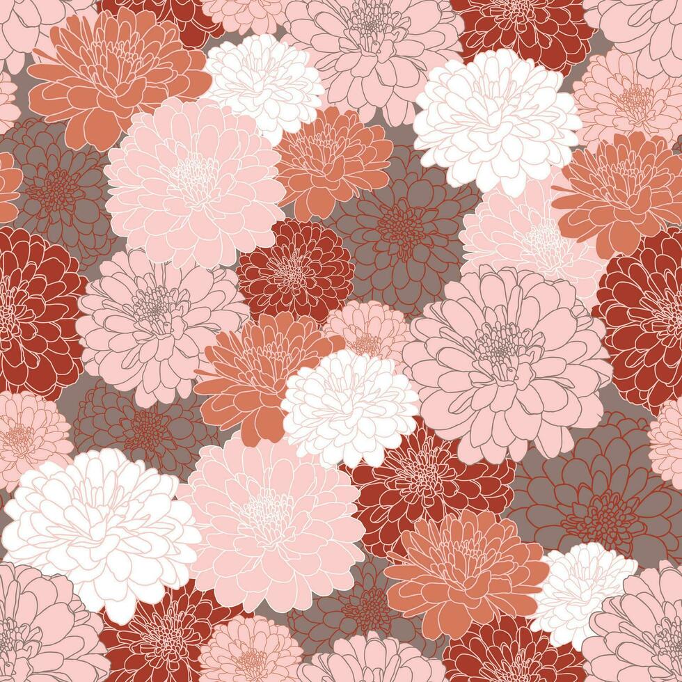 Vector seamless repeating pattern with hand drawn chrysanthemum flowers in grey, maroon, peach pink, terracotta, white. Design for wallpaper, wrapping, textile, fabric, greetings.