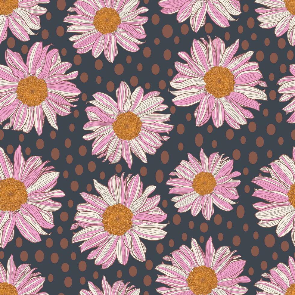 Seamless pattern of white-pink daisies with a yellow center and bronze polka dot on dark grey-violet background. Decorative print for wallpapers, wrappings, textiles, fashion fabrics. vector