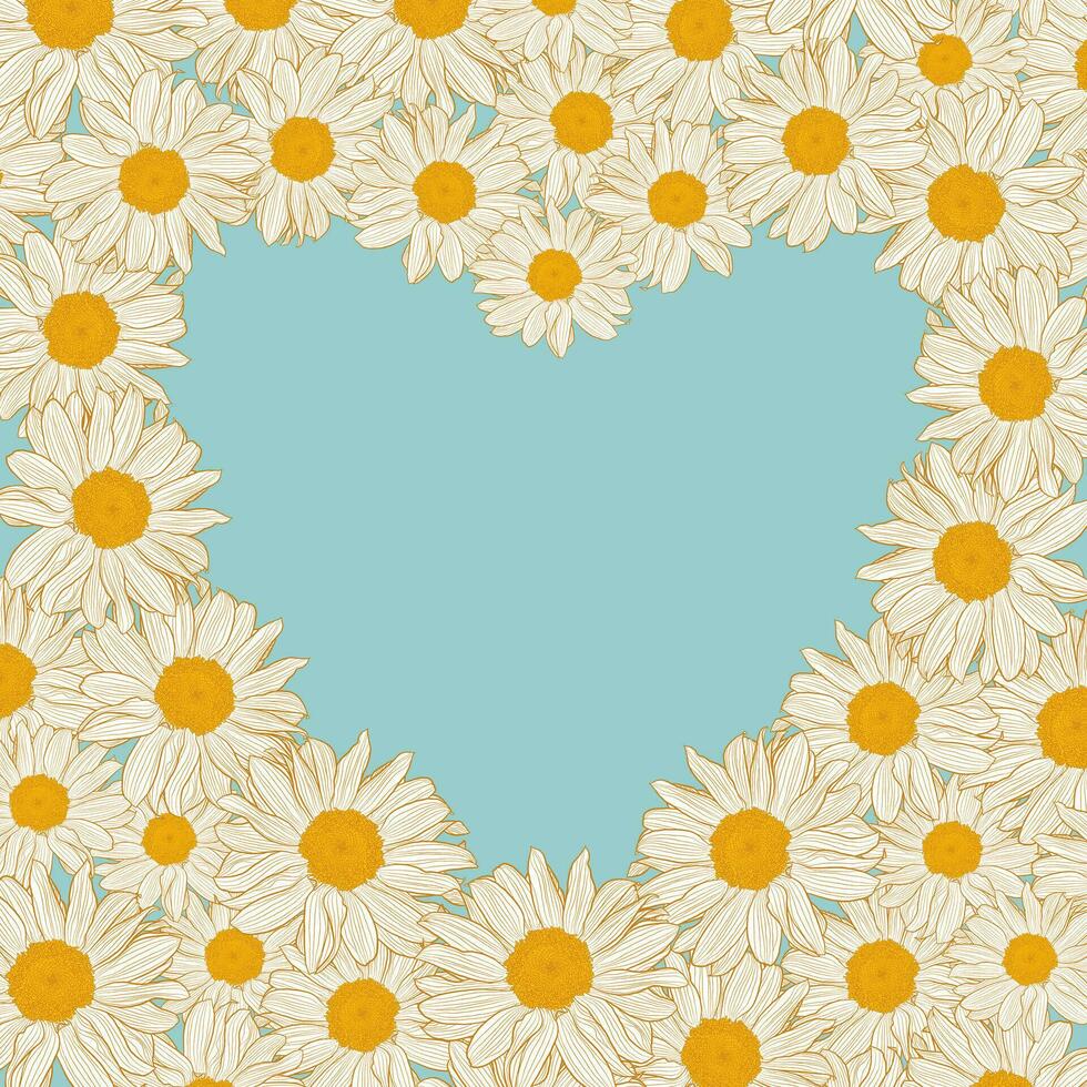 Floral frame from daisies in the shape of heart on blue background. Vector illustration element with copy space, may use for greeting cards, invitations, wedding, birthday, easter, package design.