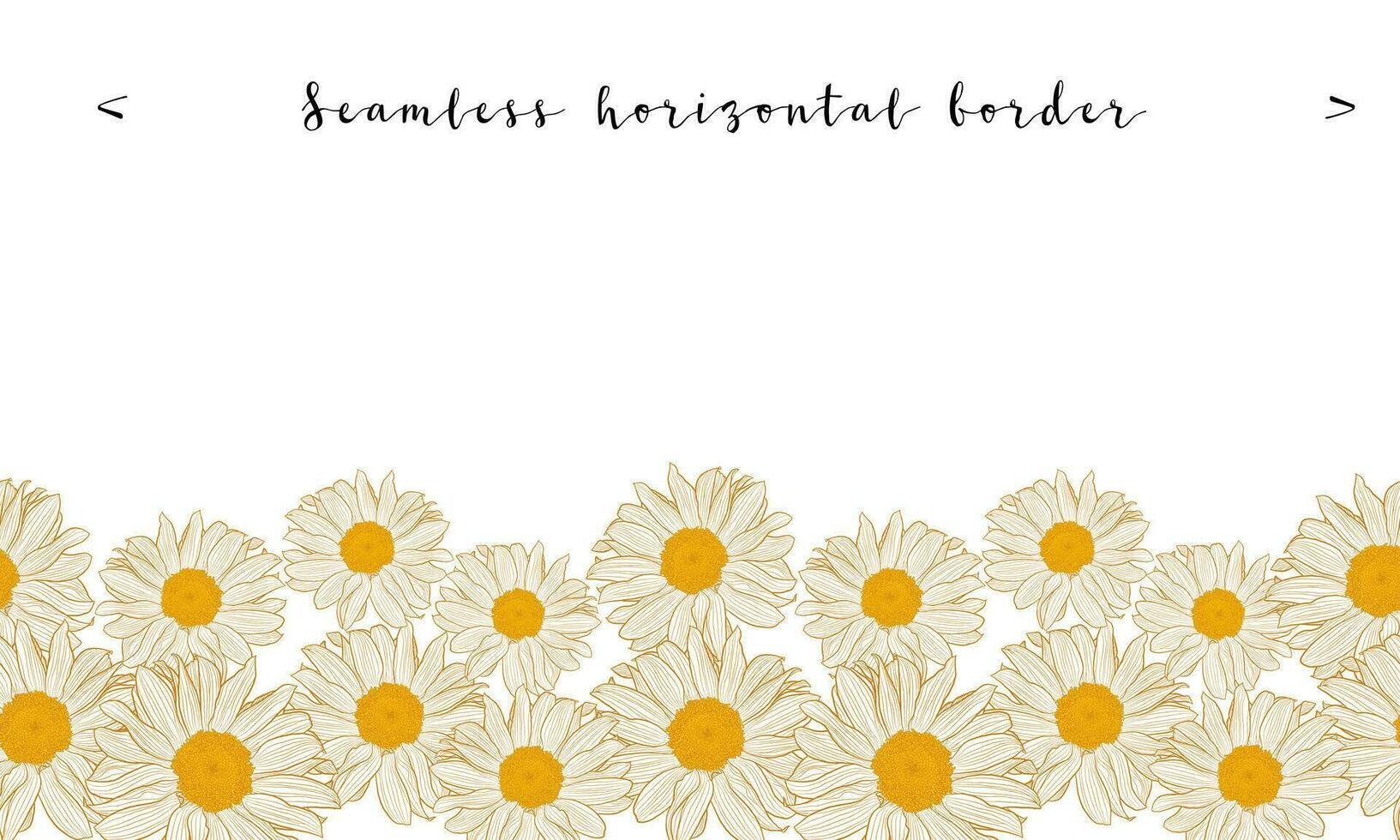 Seamless horizontal daisy border with bronze outline isolated on white background. Decorative vector design with copy space for wallpapers, packaging, textiles, fabrics or other printable covers.