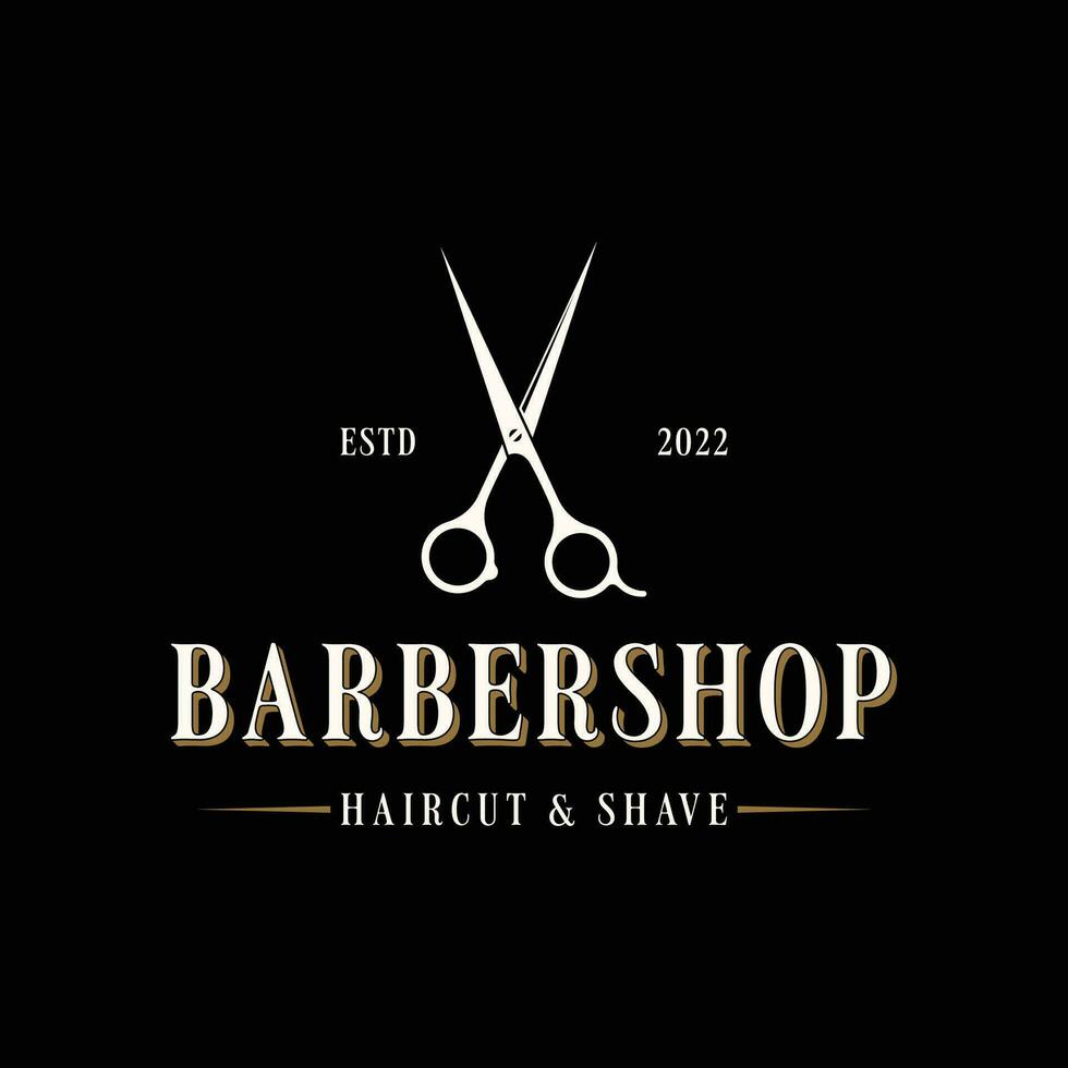 retro Clásico barbería Corte de pelo y afeitado logo modelo con Corte de pelo equipo diseño. logo para negocio, emblema, etiqueta, Barbero y insignia. vector