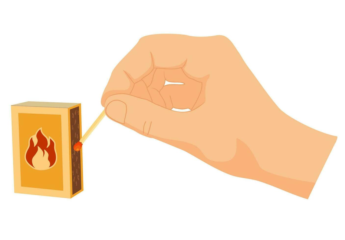 Vector illustration of person s hand lights a match using matchbox, striking, rubbing a match, isolated on white. Do not be careless, Fire safety. Lighting concept. Vector illustration