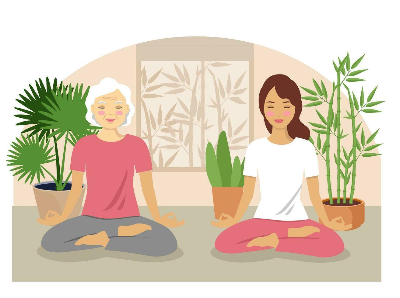 Smiling senior woman and a young woman meditating relaxing. Mother and daughter or Granny and granddaughter in yoga pose breathing exercises at home. Old age tranquility generation life style concept vector