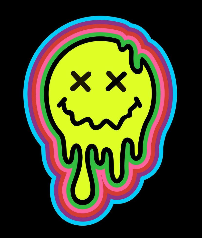 gracioso psicodélico surrealista techno ácido LSD fundir sonrisa cara logo. goteo sonrisa. bueno humor. positivo emojis fundido. vector emojis cerrado ojos.