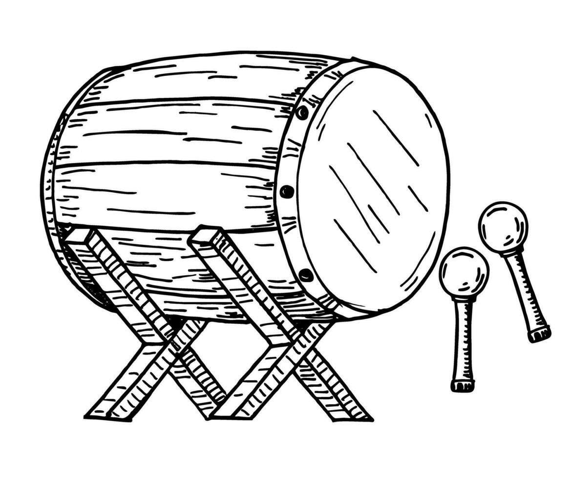 Bedug Drum for celebrating Eid al fitr. Bedug Drum to awaken Sahur in the fasting month and call for prayer. Sketch vector