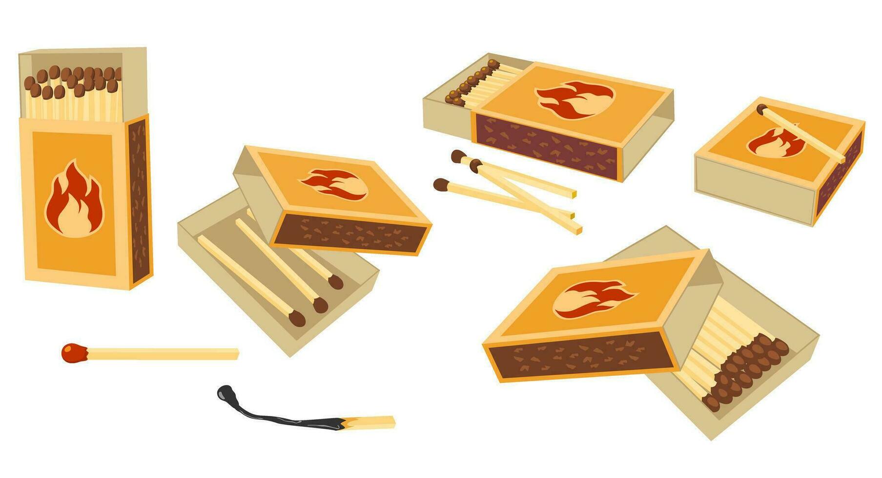 Matchboxes and matches set. Burnt matches and a whole match. Flat design style. Fire safety. Lighting concept vector