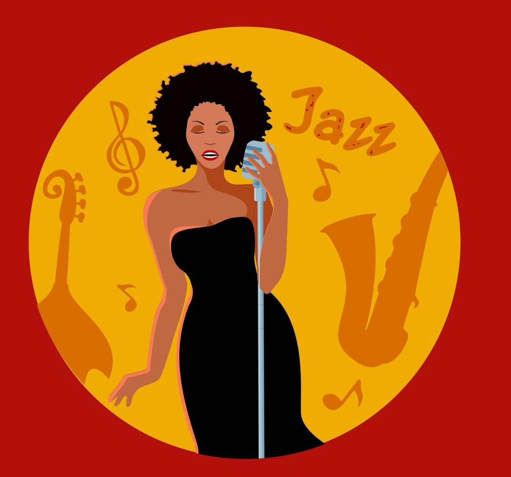 Music Jazz. Afro american jazz singer. Music event flyer or banner with fashion girl vector illustration template. Jazz or blues club live music concert party poster. Vector illustration