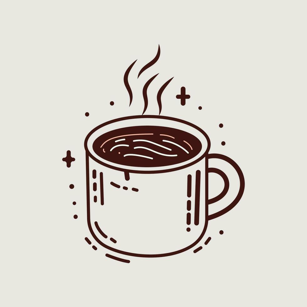 un taza de café en un platillo con un cuchara. . mano dibujado vector grabado línea Arte estilo ilustraciones