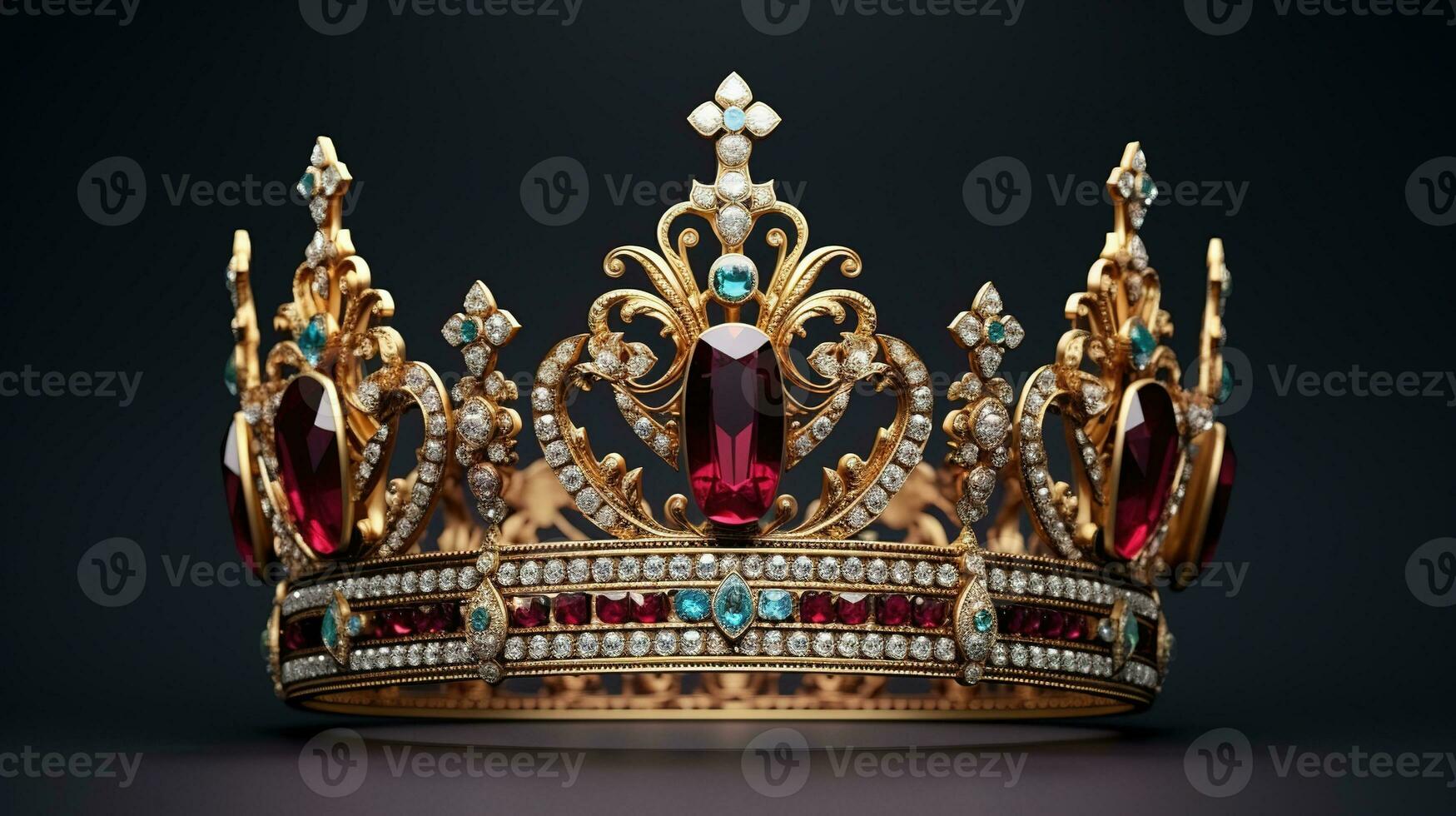 detallado Rey corona hecho de oro aislado en el llanura fondo, decorado con precioso joyas foto