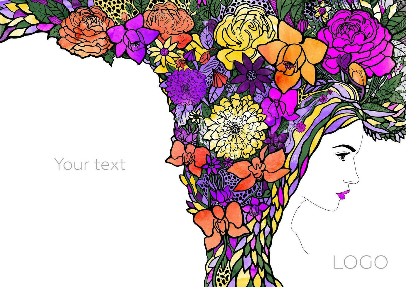 summer girl. fantasy bright colorful illustration. portrait of a beautiful woman. a hairstyle of flowers and leaves. cover and back page for a magazine, booklet, postcard or book. vector
