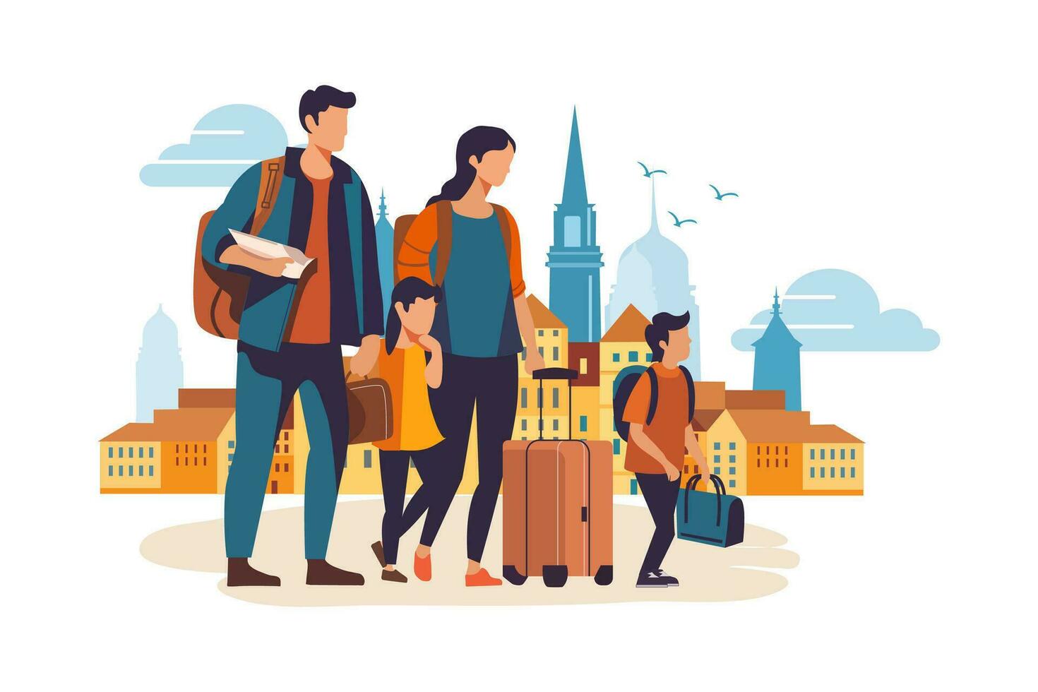 familia con dos niños viajes en el antiguo ciudad con mochilas y carretilla bolsas, familia llegado a el vacaciones a Europa. vector