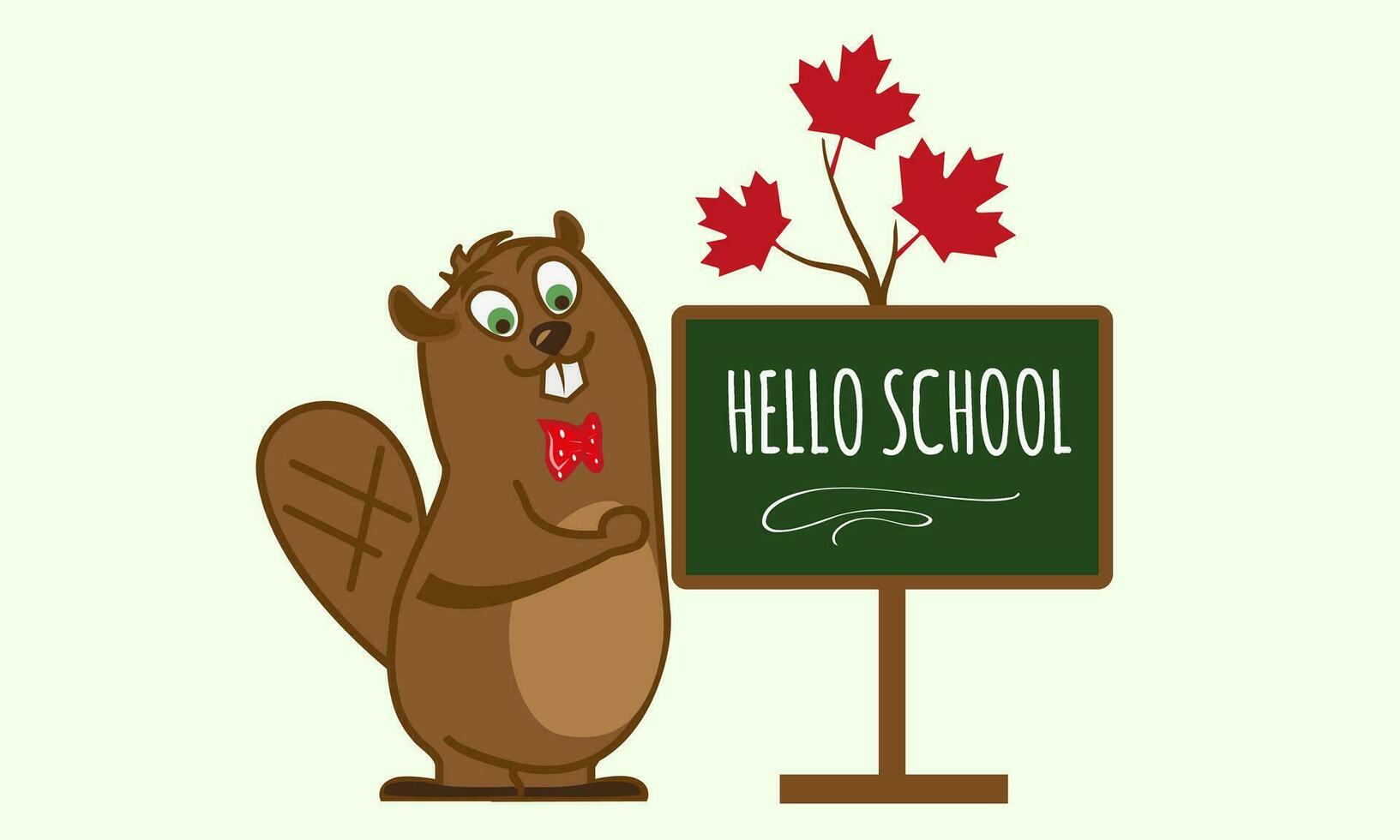 Back to school banner with cute beaver mascot character. Pencil with maple leaves. Banner vector template.Hello School.