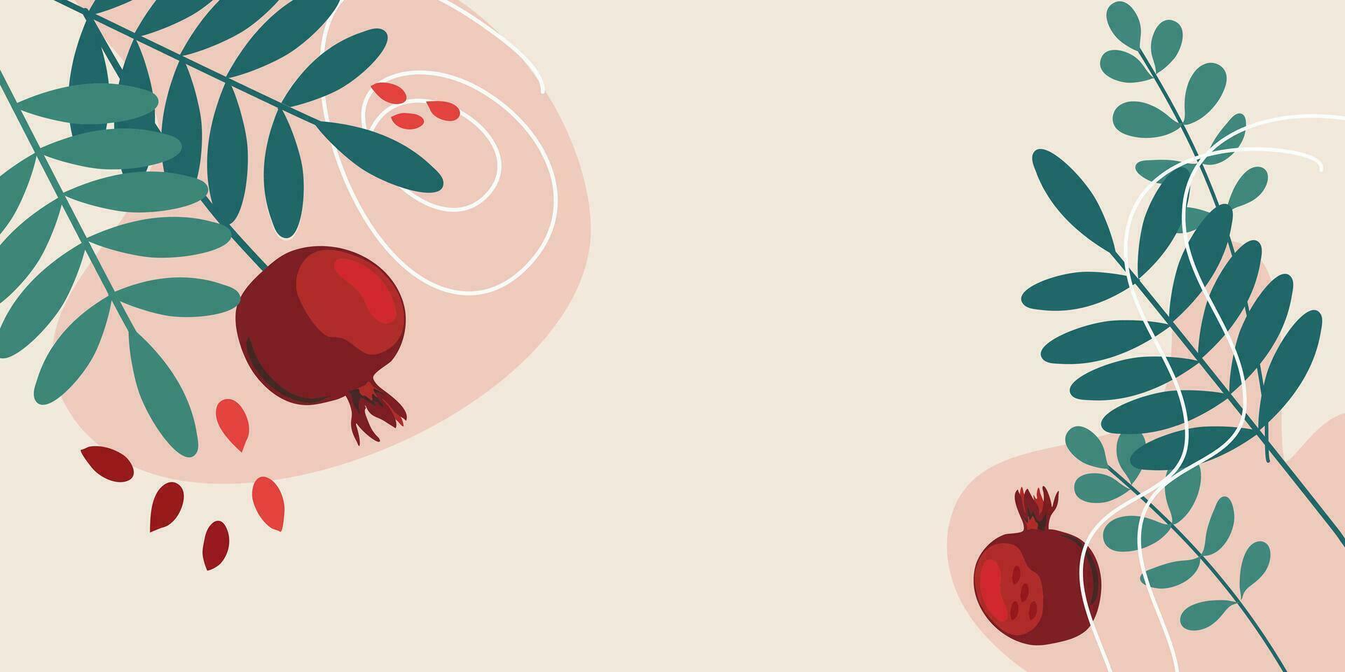 Beautiful background with pomegranate fruit and leaves. Modern design template background for textile, paper, fabric, interior decor, wrapping, wallpaper, packaging. Vector illustration.