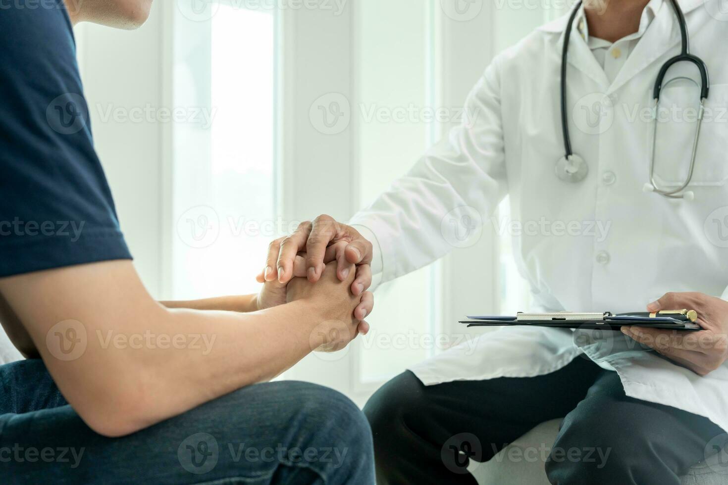 psychiatrist hold hand support each while discussing family issues. doctor encourages and empathy woman suffers depression. psychological, save divorce, Hand in hand together, trust, care photo