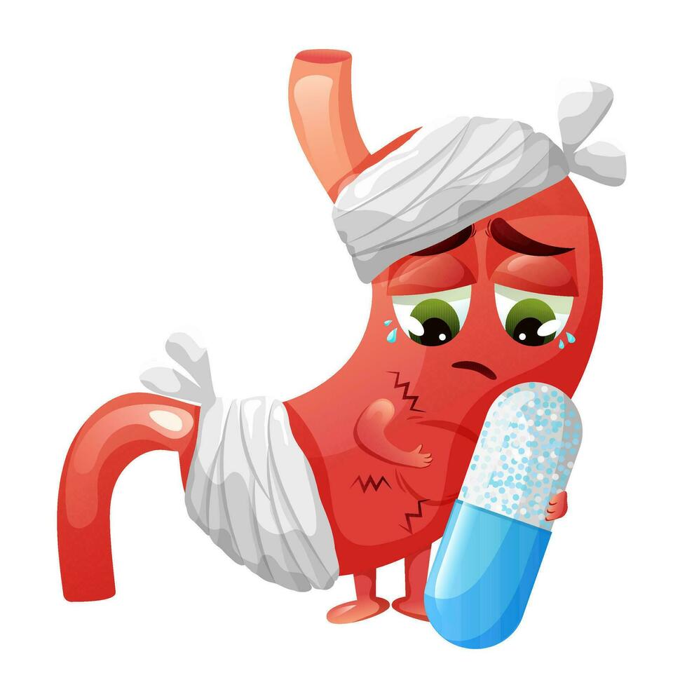 Sick sad stomach character with bandage holding medicine capsule in hand vector