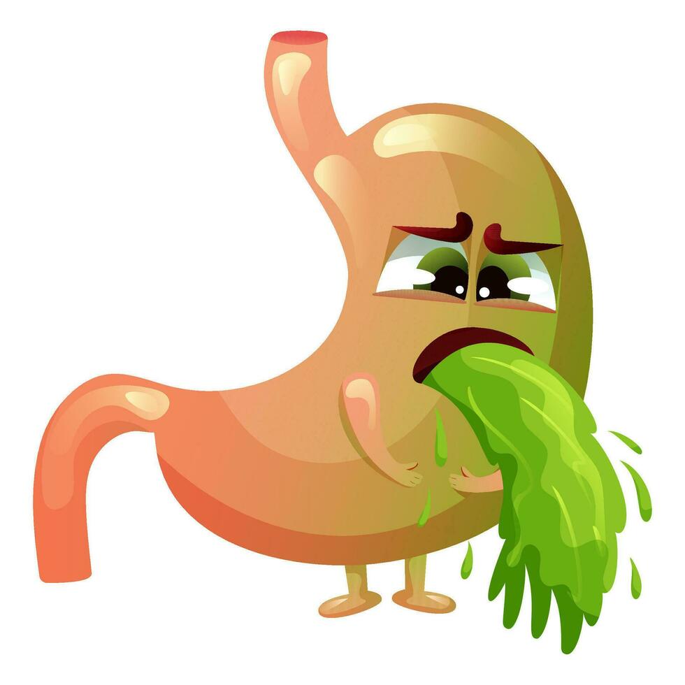 Cartoon stomach character. Concept diseased internal organ, vomiting and nausea. Vector illustration.