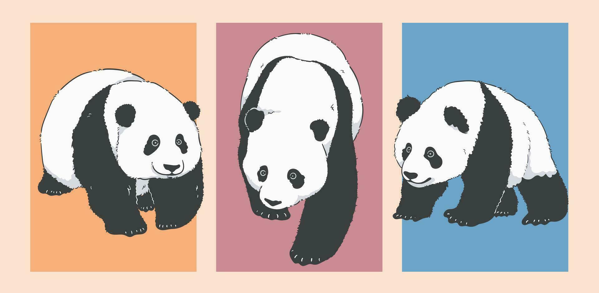 Cute Cartoon walking panda illustration set vector