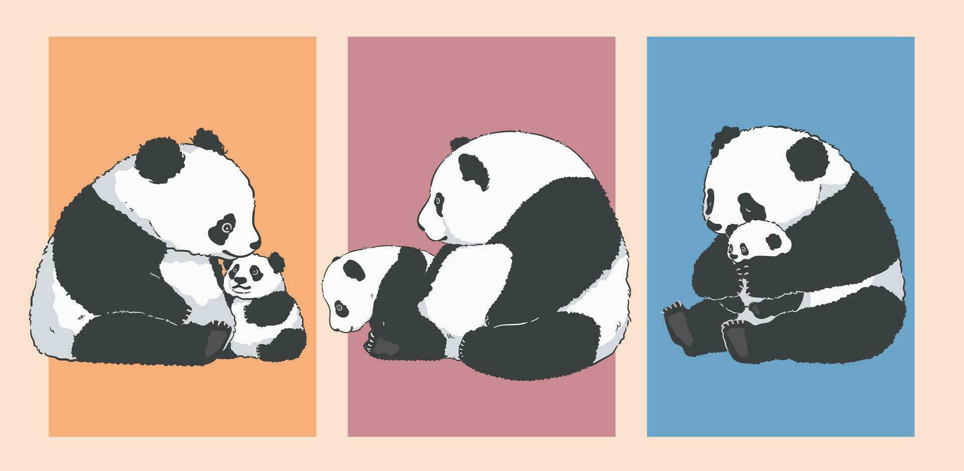 Cute Cartoon Mother Panda Holding Her Baby, Illustration Set vector