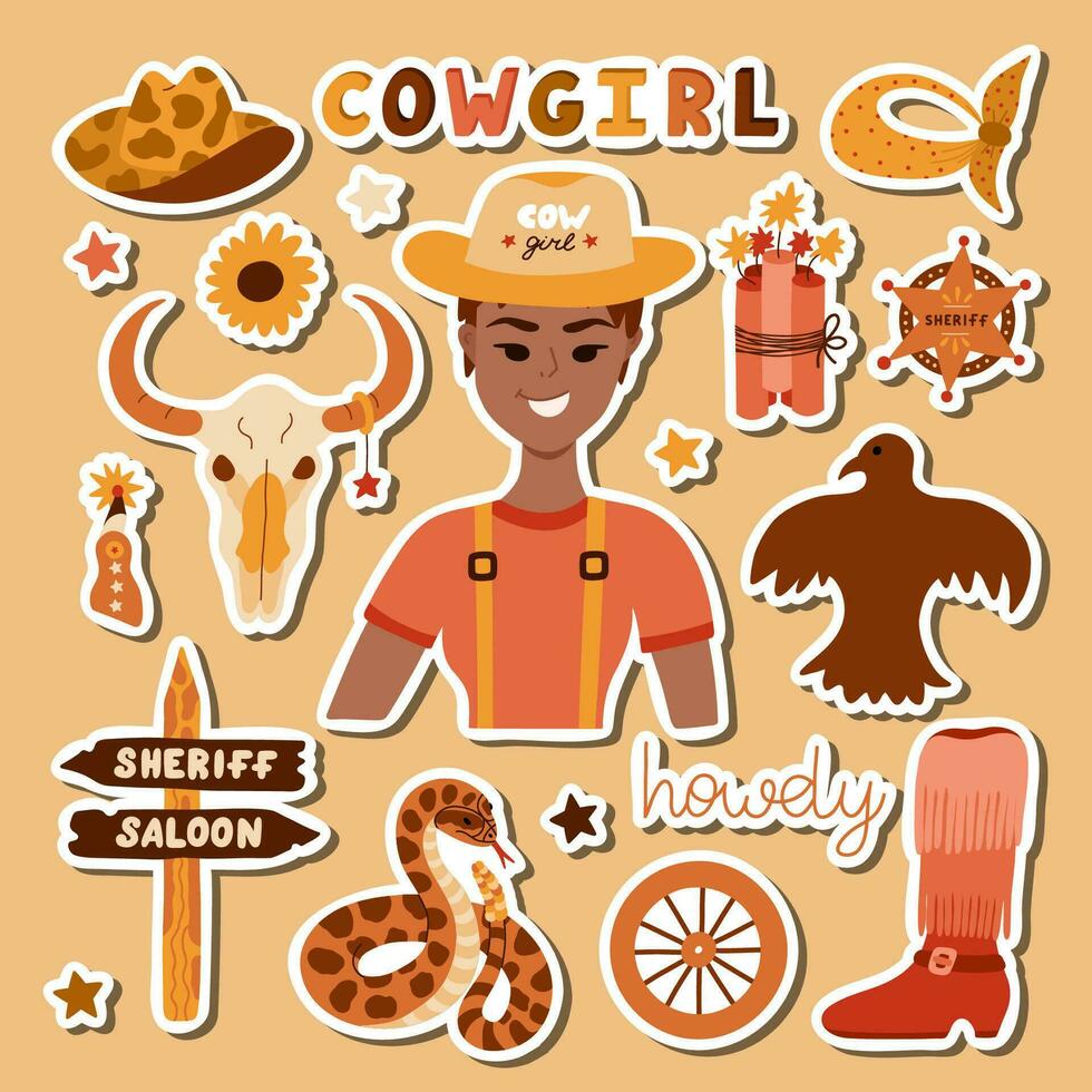 Big set of stickers with cowgirl illustrations for planners, notebooks. Ready for print list of cute stickers. Hand drawn simple vector doodles with symbols of Texas, Wild West, cowboy and cow girl