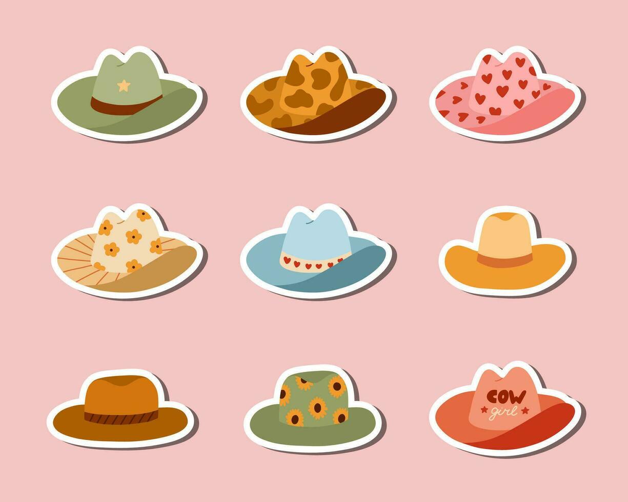 Set of stickers with hand drawn cowgirl and cowboy hat for planners, notebooks. Ready for print list of cute western stickers. Simple vector doodles with sheriff hat with heart, cow, flower print