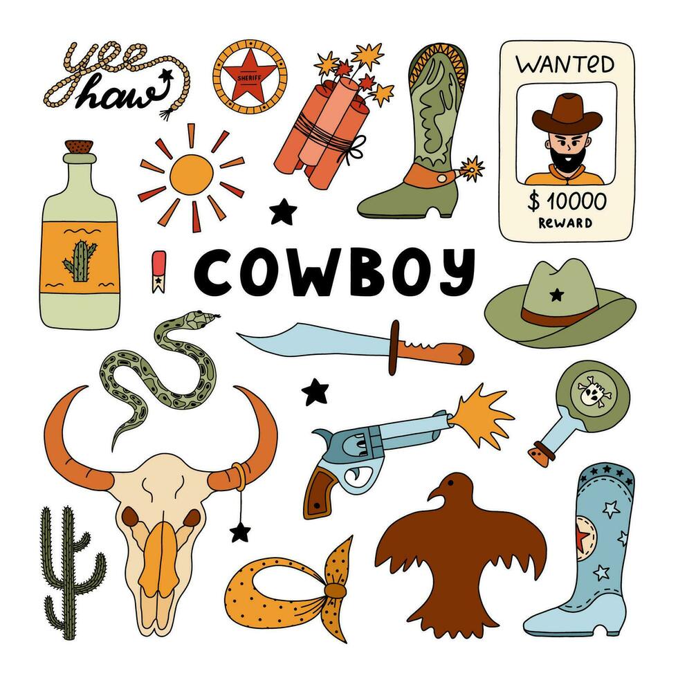 Wild West and cowboy set in colorful doodle style with hand drawn outline. Vector illustration with western boots, hat, snake, cactus, bull skull, sheriff badge. Cowboy theme with symbols of Texas.