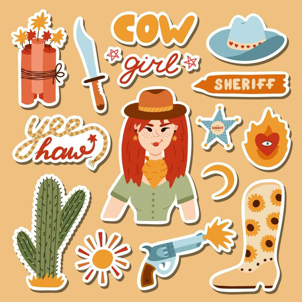 Big set of stickers with cowgirl illustrations for planners, notebooks. Ready for print list of cute stickers. Hand drawn simple vector doodles with symbols of Texas, Wild West, cowboy and cow girl