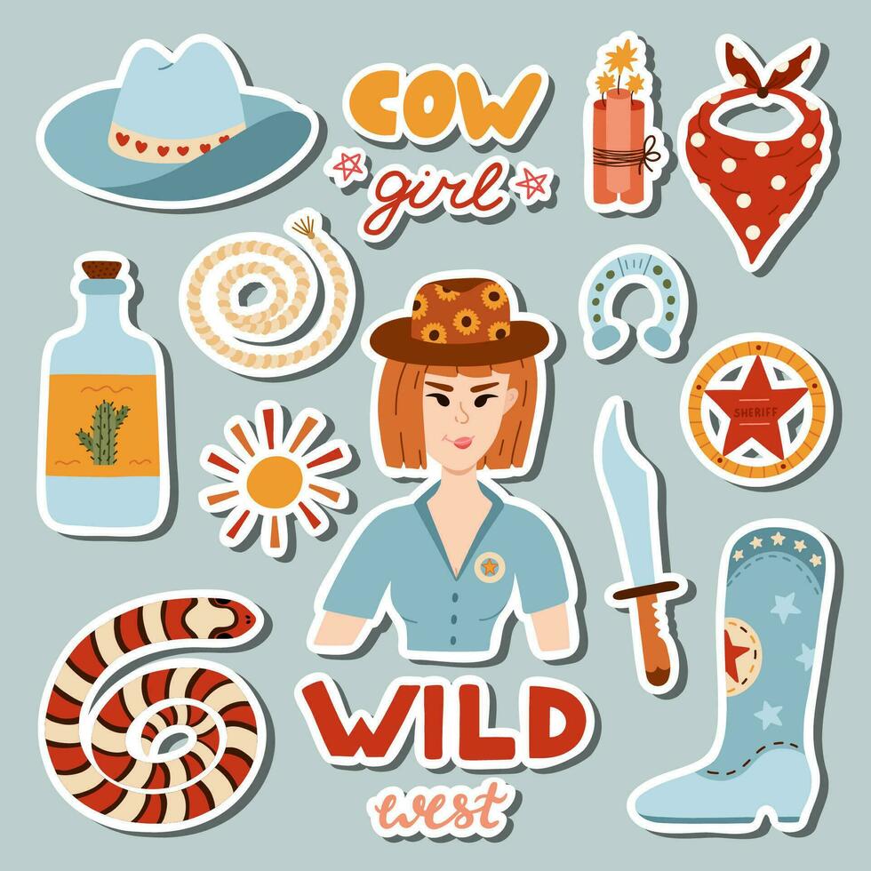 Big set of stickers with cowgirl illustrations for planners, notebooks. Ready for print list of cute stickers. Hand drawn simple vector doodles with symbols of Texas, Wild West, cowboy and cow girl