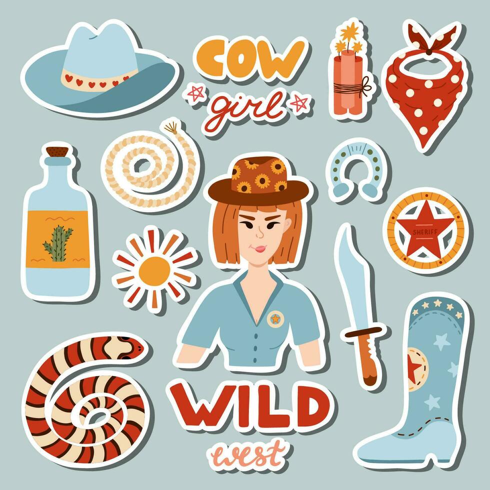 grande conjunto de pegatinas con vaquera ilustraciones para planificadores, cuadernos Listo para impresión lista de linda pegatinas mano dibujado sencillo vector garabatos con símbolos de Texas, salvaje Oeste, vaquero y vaca niña