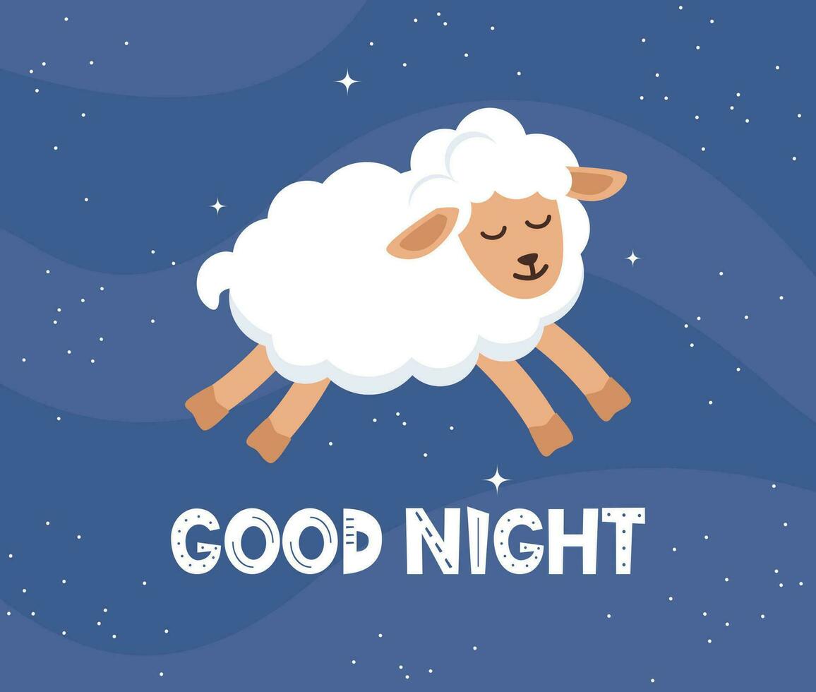 Kids print art night with a cute lamb and the text Good night. Dark background with cartoon sheep, stars. Kids poster for decoration of the children's room. Vector illustration.